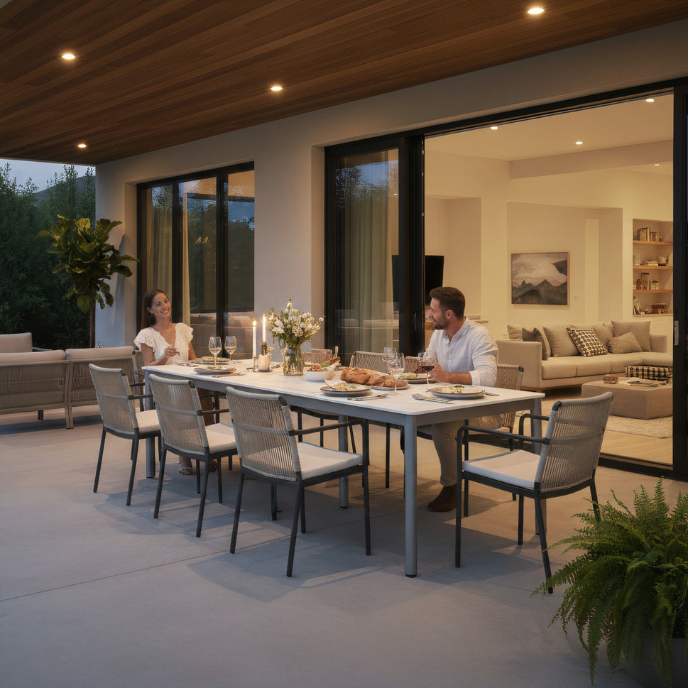Indoor/Outdoor Stone Slab Dining Table – Matte Snow White & Silver Gray