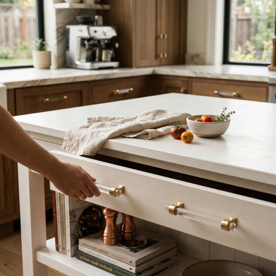 6" Clear Acrylic Cabinet Pull with Brushed Brass Ends – Modern Drawer Handle for Kitchen & Bathroom Cabinets 5.06" Opening to Opening