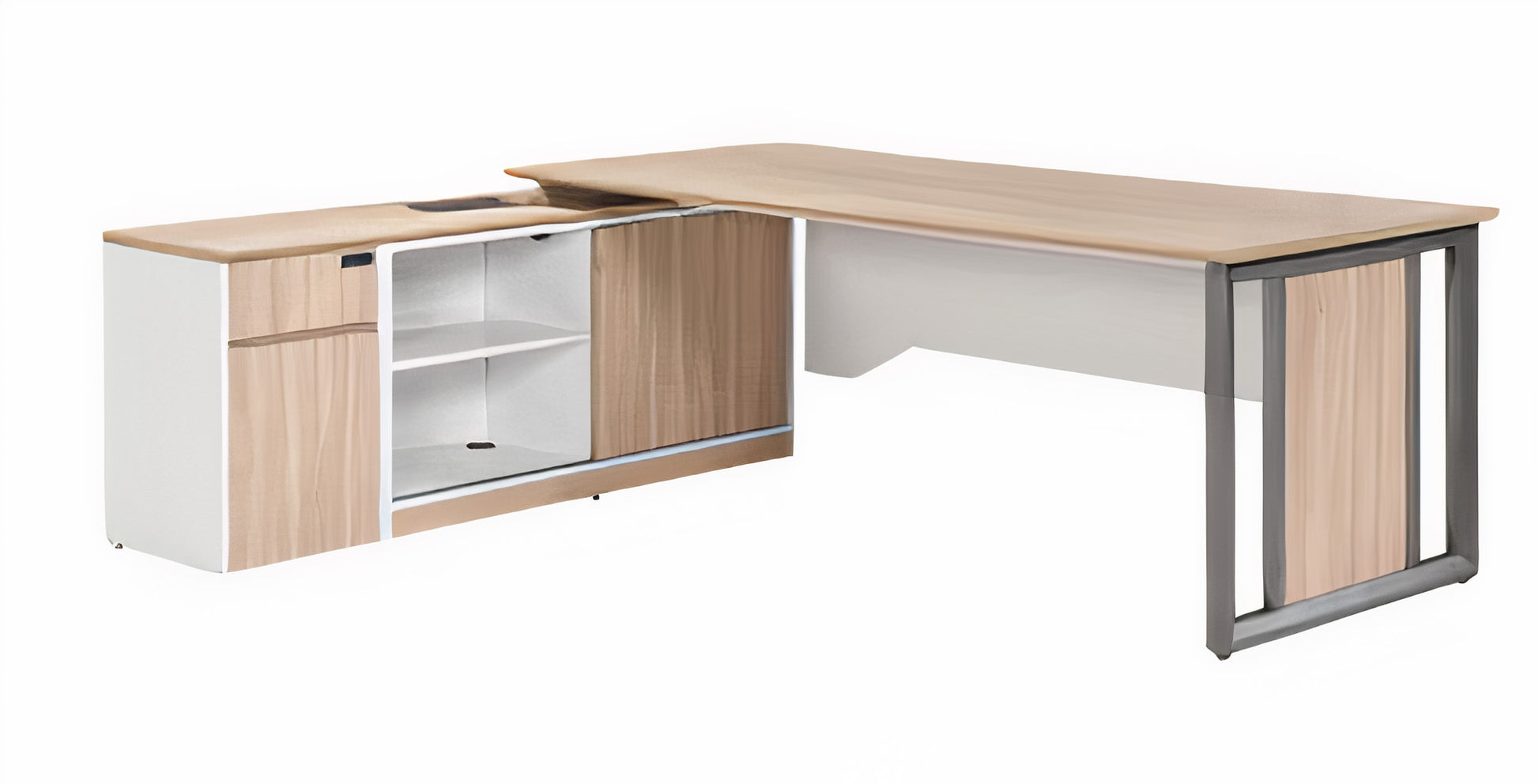 Modern L-Shaped Executive Desk with Integrated Storage – Wood & White Finish