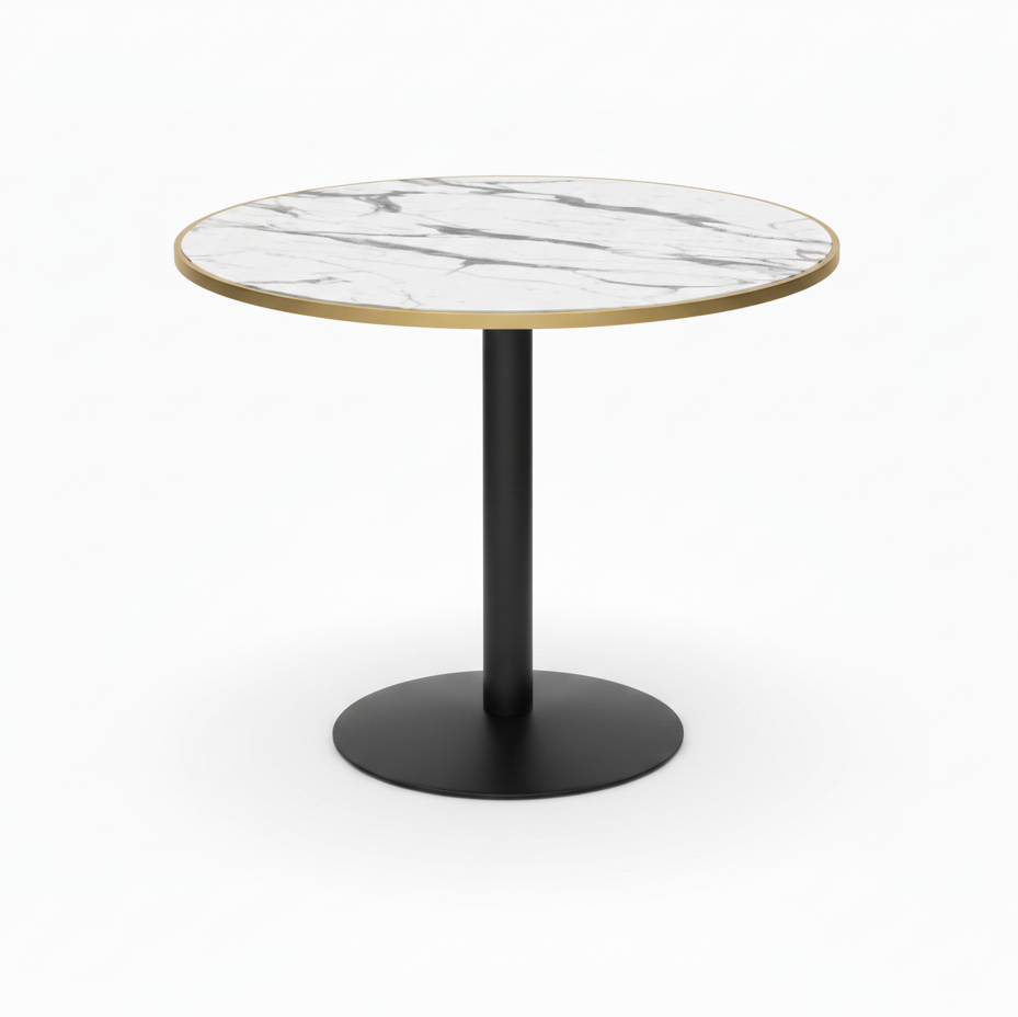 Commercial-Grade Indoor & Outdoor Table with Reinforced Stone-Composite Top: Round White Marble-Like with Gold Trim