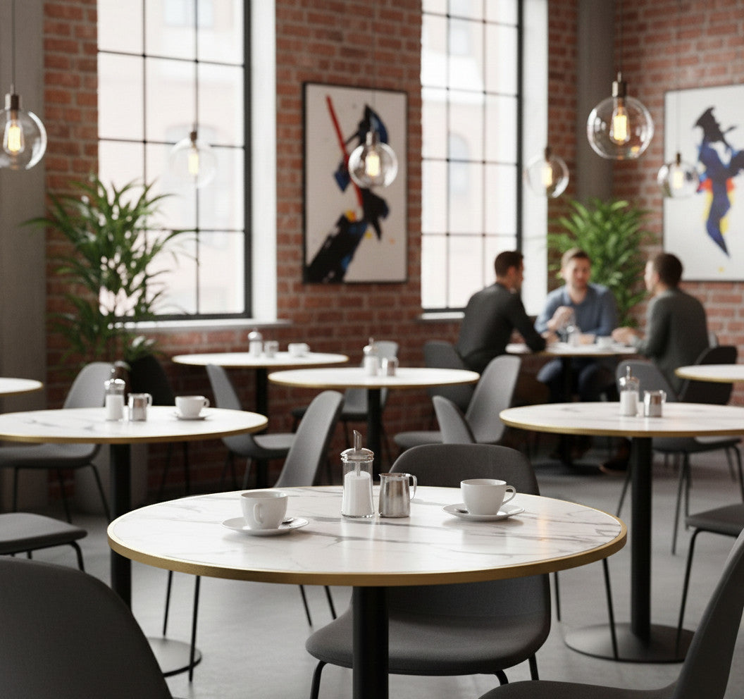 Commercial-Grade Indoor & Outdoor Table with Reinforced Stone-Composite Top: Round White Marble-Like with Gold Trim