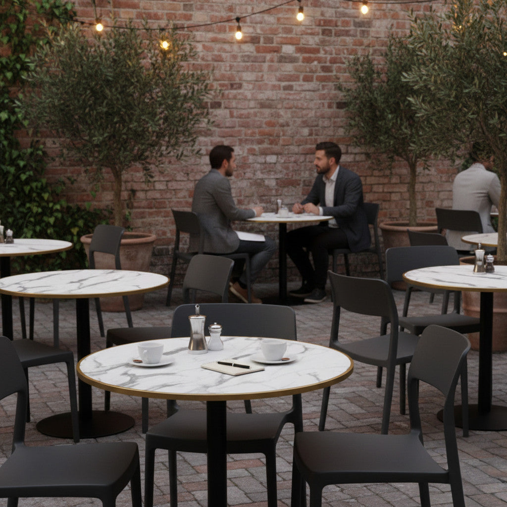 Commercial-Grade Indoor & Outdoor Table with Reinforced Stone-Composite Top: Round White Marble-Like with Gold Trim