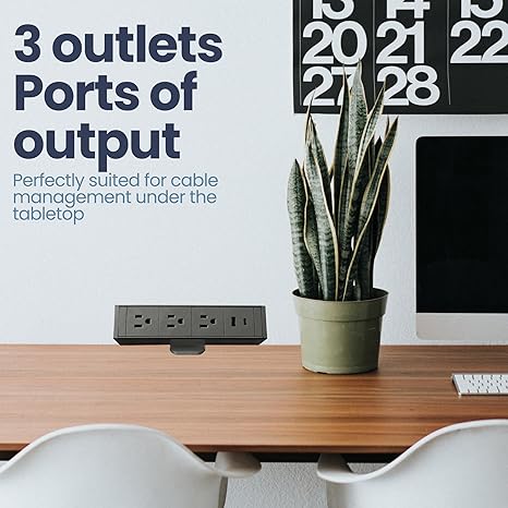 5-in-1 Fast Charging, Sliding Desk Clamp Power Strip with 3 AC Outlet Ports, 1 USB-A Port, and 1 USB-C Port and 6ft Cord (Black)