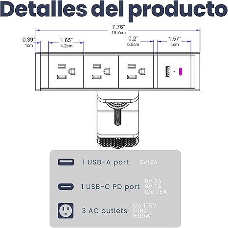 5-in-1 Fast Charging, Sliding Desk Clamp Power Strip with 3 AC Outlet Ports, 1 USB-A Port, and 1 USB-C Port and 6ft Cord (Black)