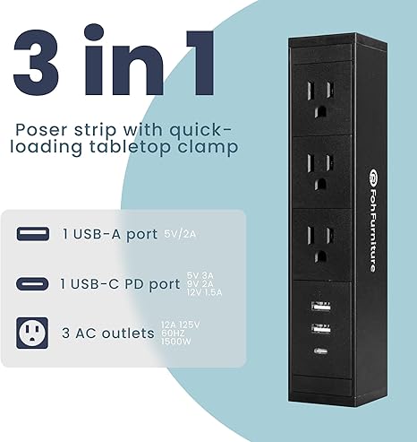5-in-1 Fast Charging, Sliding Desk Clamp Power Strip with 3 AC Outlet Ports, 1 USB-A Port, and 1 USB-C Port and 6ft Cord (Black)