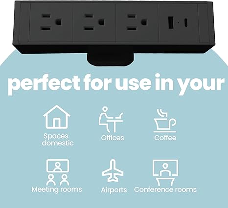 5-in-1 Fast Charging, Sliding Desk Clamp Power Strip with 3 AC Outlet Ports, 1 USB-A Port, and 1 USB-C Port and 6ft Cord (Black)