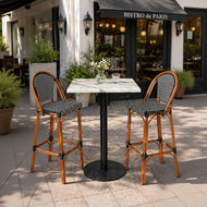 Black & White Woven Outdoor Barstool with Faux Bamboo Frame
