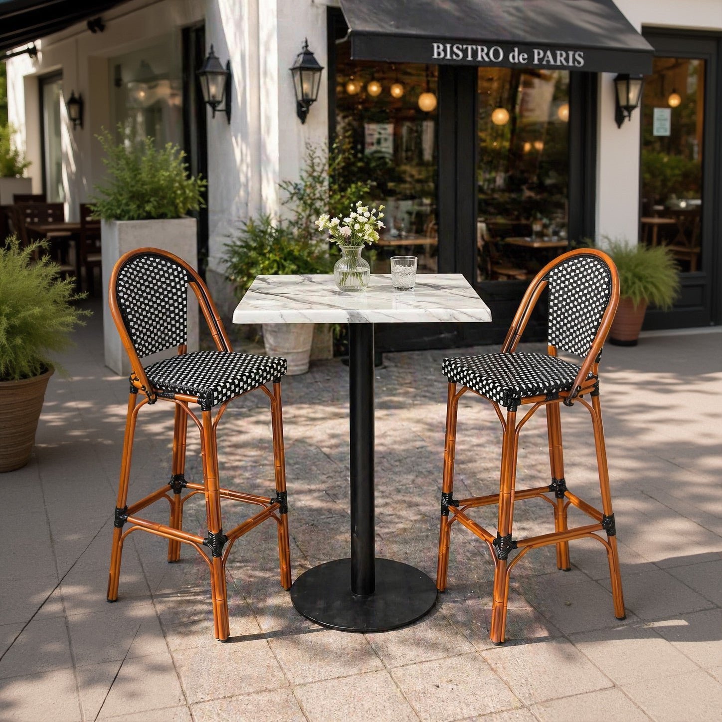 Black & White Woven Outdoor Barstool with Faux Bamboo Frame
