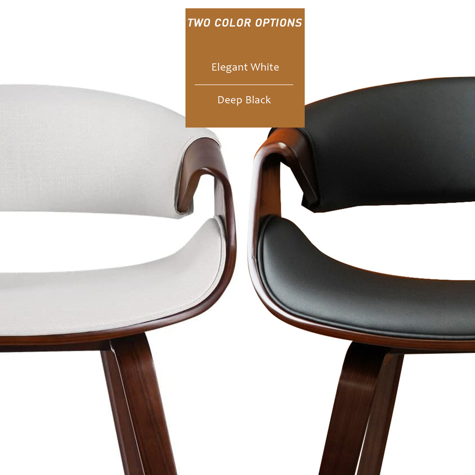 Set of 2 White Bentwood Curved Back Dining Chair, PU Leather Upholstery, Walnut Plywood Frame