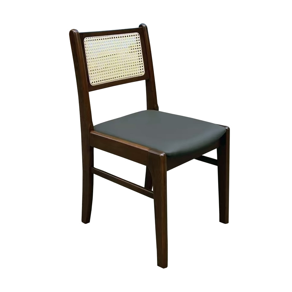 Set of 2 Wood Dining Chair with Woven Cane Back and Black Upholstered Seat- Natural and Dark Wood Options