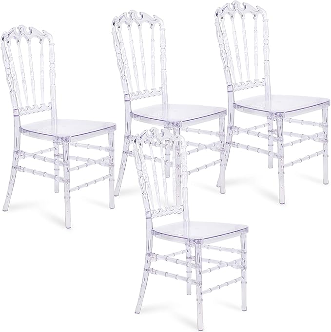 Set of 4 Ghost Clear Acrylic Dining Chairs, Elegant Stacking Chiavari Event Chair, Transparent Crystal Chair in for Weddings Parties Events Receptions (Crown-Head Back)