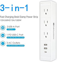 5-in-1 desk accessories Fast Charging station with 6ft cord, Sliding Desk Clamp Power Strip with 3 AC Outlet Ports, 1 USB-A Port, and 1 USB-C Port(White)
