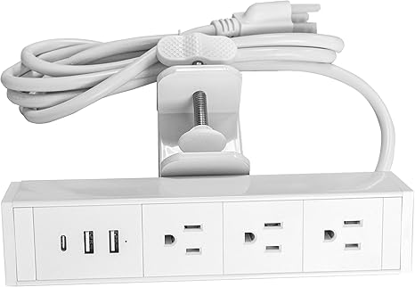 5-in-1 desk accessories Fast Charging station with 6ft cord, Sliding Desk Clamp Power Strip with 3 AC Outlet Ports, 1 USB-A Port, and 1 USB-C Port(White)