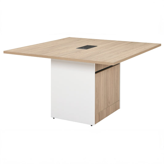 Square Meeting Table with Power Outlet – Wood Veneer Top & White Base