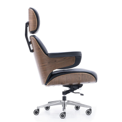 Modern Genuine Leather Upholstered Office Chair with Curved Wood Shell