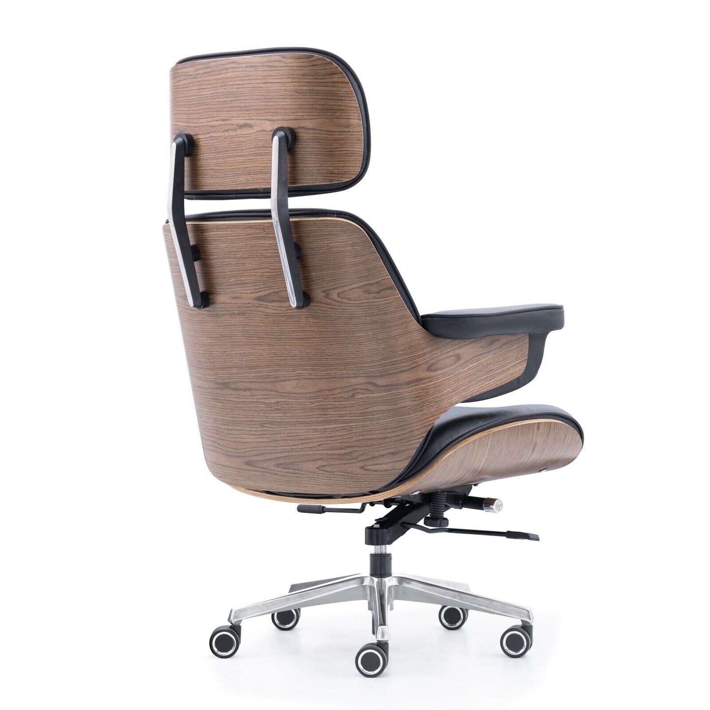 Modern Genuine Leather Upholstered Office Chair with Curved Wood Shell