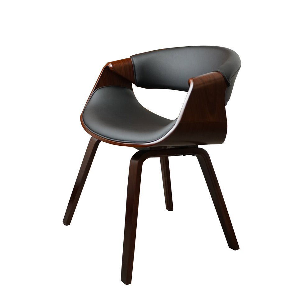 Set of 2 Black Bentwood Curved Back Dining Chair, PU Leather Upholstery, Walnut Plywood Frame