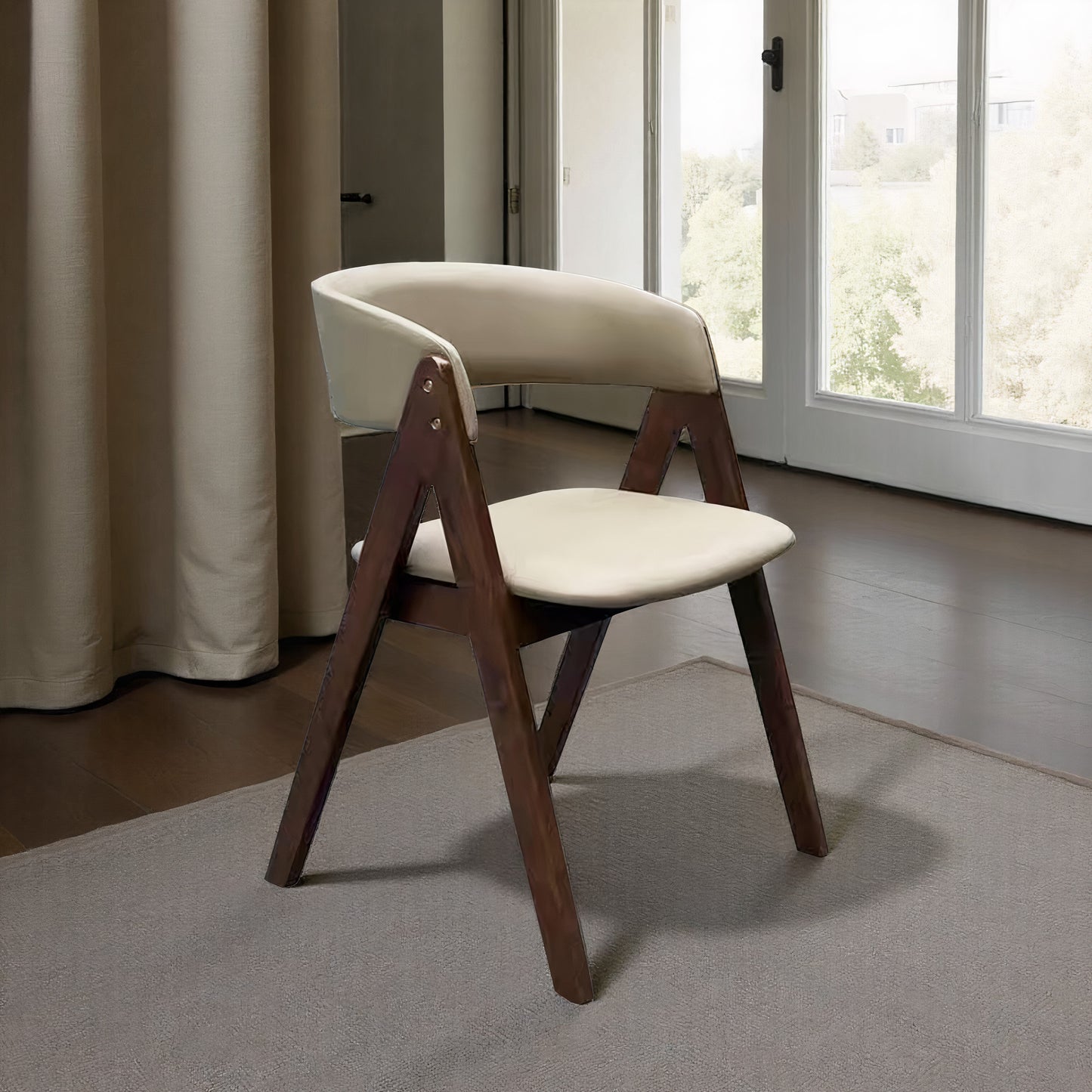 Modern Walnut Dining Chair with Curved Backrest and Beige Upholstery