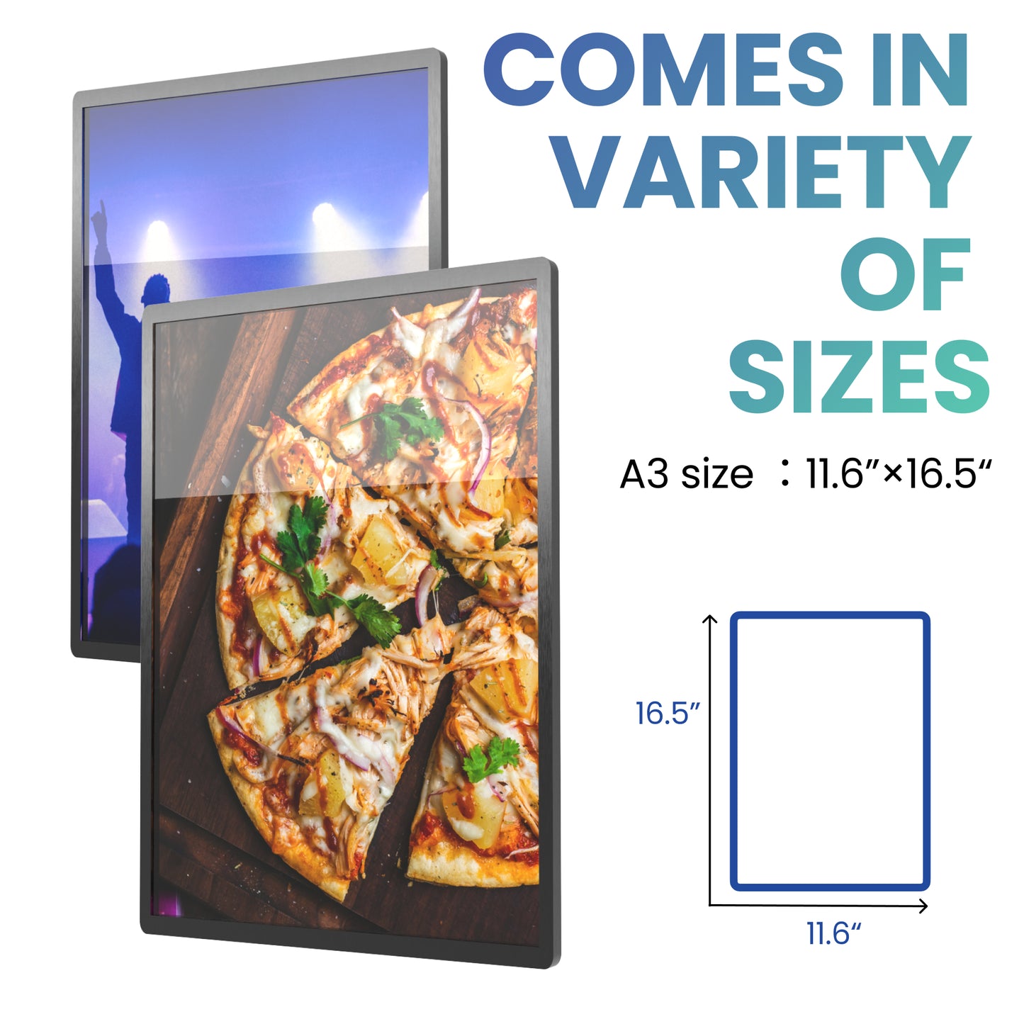 A3 LED Backlit Movie Poster Frame with Poster Size, 12” x 17”, Bright Light Box Frame and Display Sign Holder for Ads, Flyers, and Restaurant Menus, (Black/Silver)