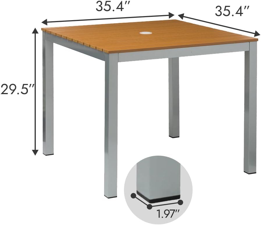 Square Outdoor Dining Table – Aluminum Frame with Teak-Look Plastic Wood Slats (35.4" x 35.4")
