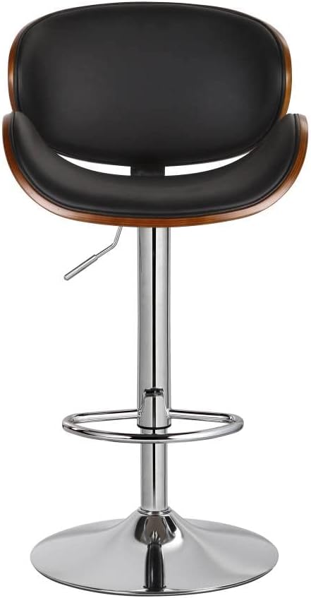 Set of 2 Curved Wood Bar Stools with Metal Base and PU Leather Upholstery, Silver and Black Metal Base Options