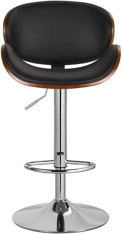 Set of 2 Curved Wood Bar Stools with Metal Base and PU Leather Upholstery, Silver and Black Metal Base Options