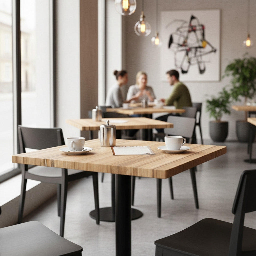 Commercial-Grade Indoor & Outdoor Table with Reinforced Stone-Composite Top: Natural Wood Look