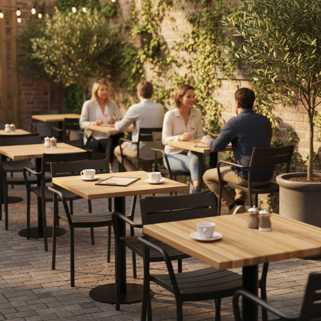 Commercial-Grade Indoor & Outdoor Table with Reinforced Stone-Composite Top: Natural Wood Look