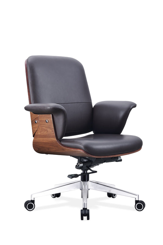 Faux Leather Upholstered Office Chair with Curved Wood Back Shell