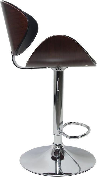 Set of 2 Curved Wood Bar Stools with Metal Base and PU Leather Upholstery, Silver and Black Metal Base Options