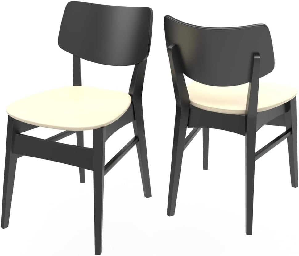 Set of 2 Black Rectangular-Back Wood Dining Chair with Cream PU Upholstery