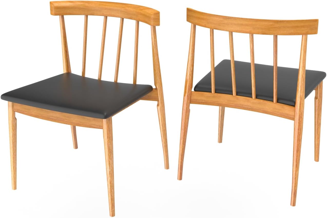 Set of 2 Angled Slat Back Wood Dining Chair with PU Upholstered Seat