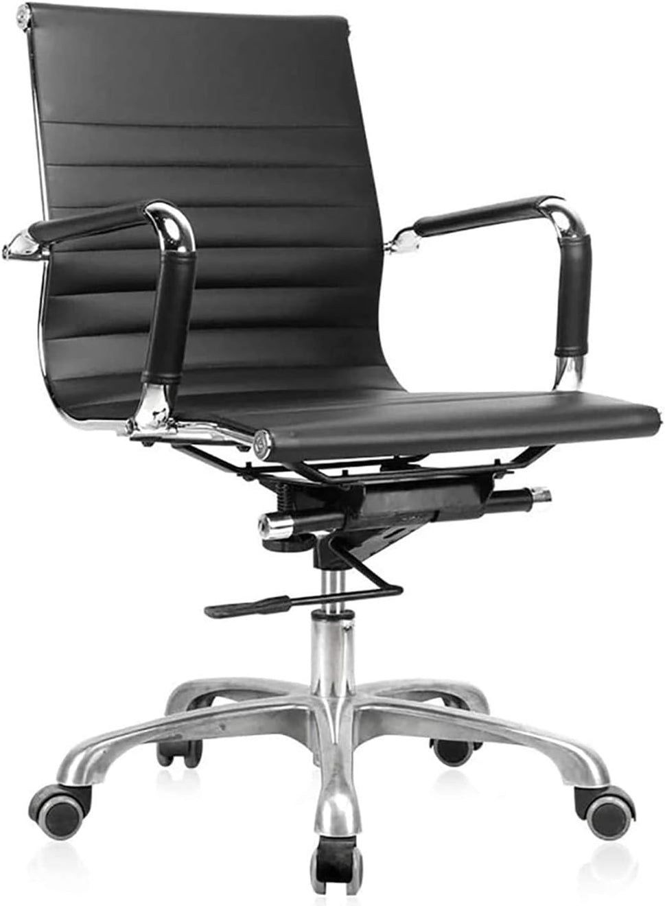 Mid-Back Black PU Leather Hotel and Task Chair Height Adjustable Swivel Ribbed Ergonomic