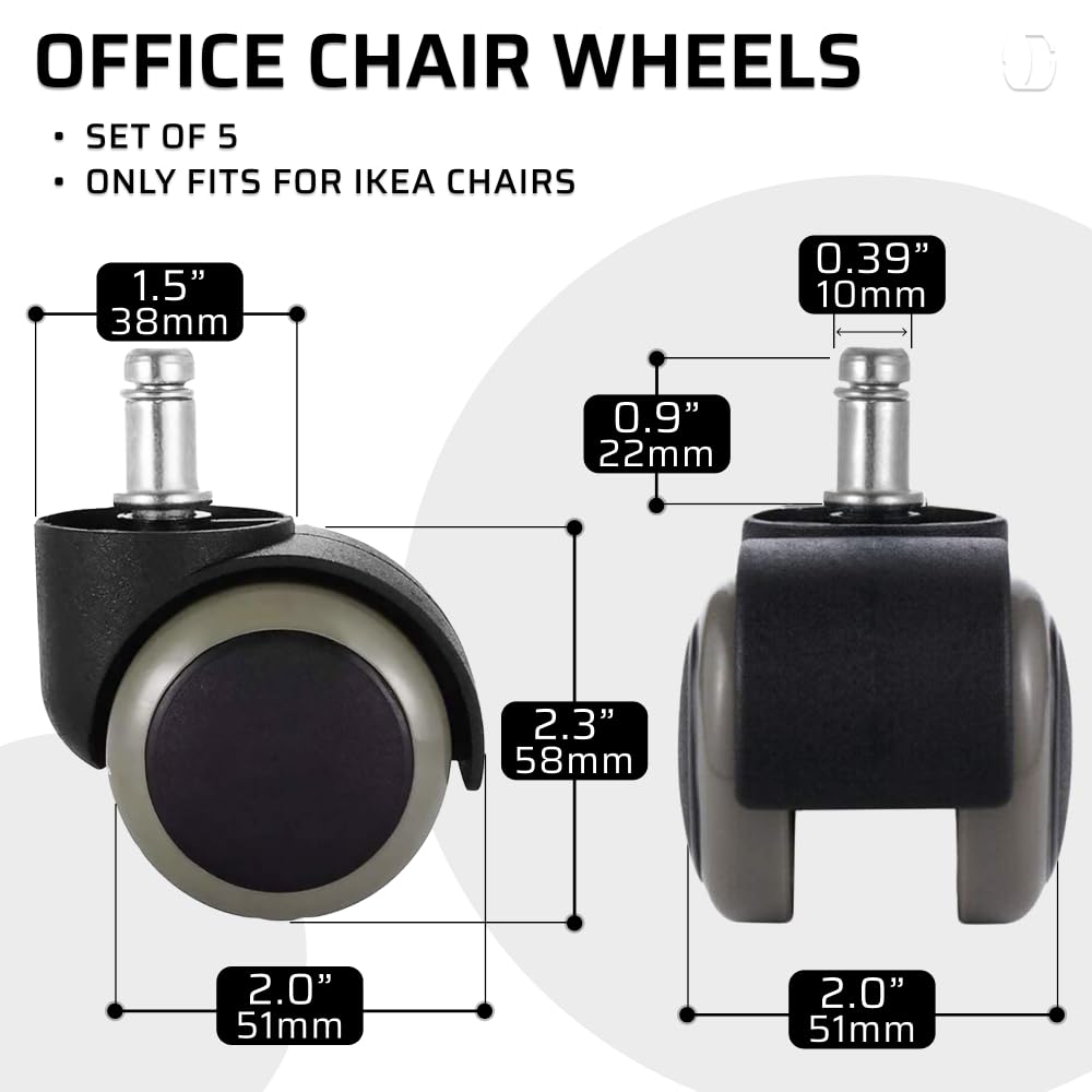 (10MM and 11MM Stem Options) 2 Inch Office Chair Casters (Set of 5), Wheel Replacements, Heavy-Duty Rubber Caster Wheels