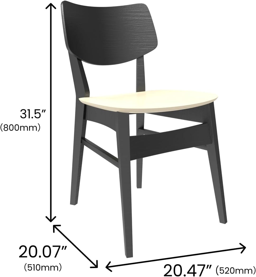 Set of 2 Black Rectangular-Back Wood Dining Chair with Cream PU Upholstery