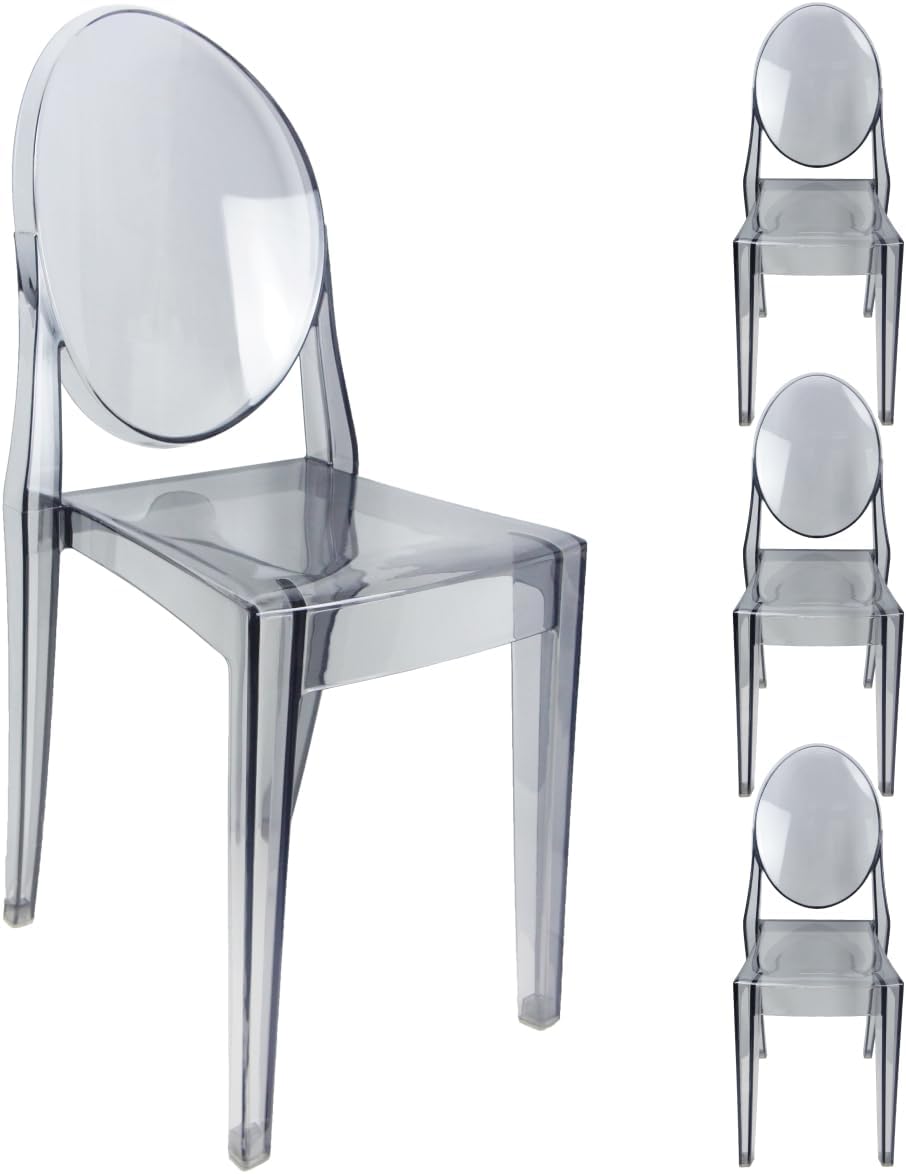 Set of 4 Smoke Gray Clear Ghost Chairs, Modern Transparent Side Chairs, Stackable Dining Room Restaurant Chairs for Events, Weddings, Banquets