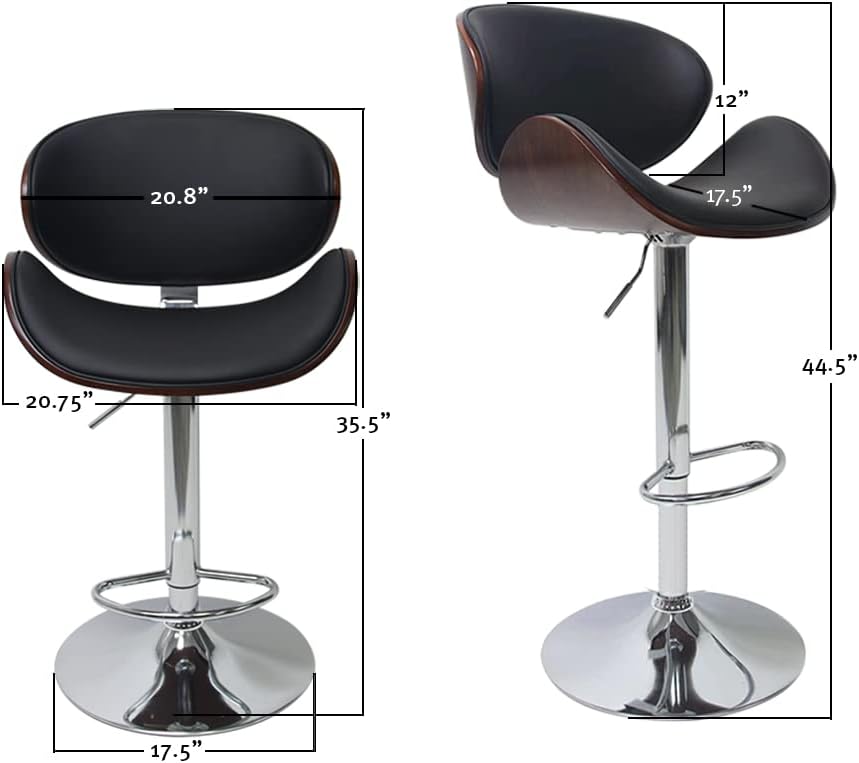 Set of 2 Curved Wood Bar Stools with Metal Base and PU Leather Upholstery, Silver and Black Metal Base Options