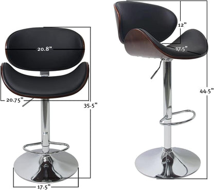 Set of 2 Curved Wood Bar Stools with Metal Base and PU Leather Upholstery, Silver and Black Metal Base Options