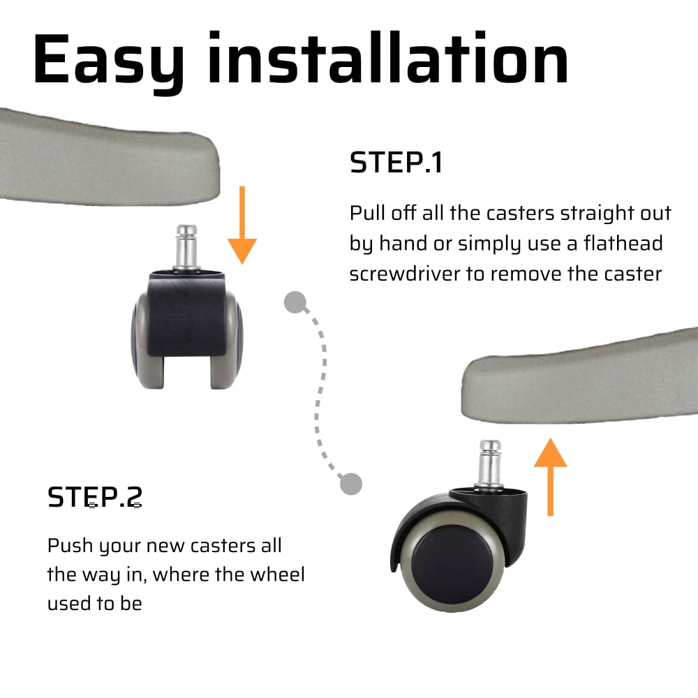 (10MM and 11MM Stem Options) 2 Inch Office Chair Casters (Set of 5), Wheel Replacements, Heavy-Duty Rubber Caster Wheels