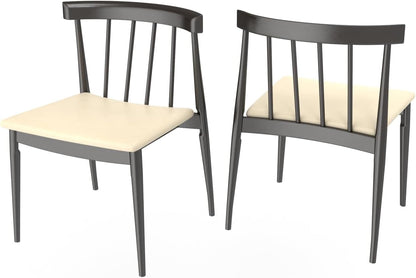 Set of 2 Angled Slat Back Wood Dining Chair with PU Upholstered Seat