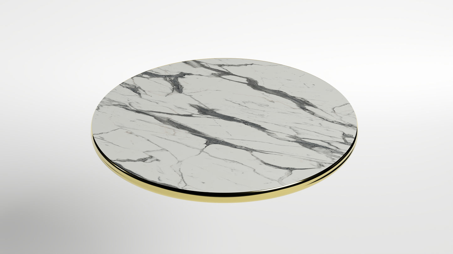Commercial-Grade Indoor & Outdoor Table with Reinforced Stone-Composite Top: Round White Marble-Like with Gold Trim