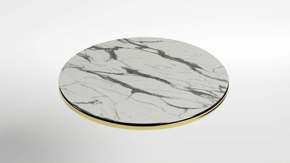 Commercial-Grade Indoor & Outdoor Table with Reinforced Stone-Composite Top: Round White Marble-Like with Gold Trim