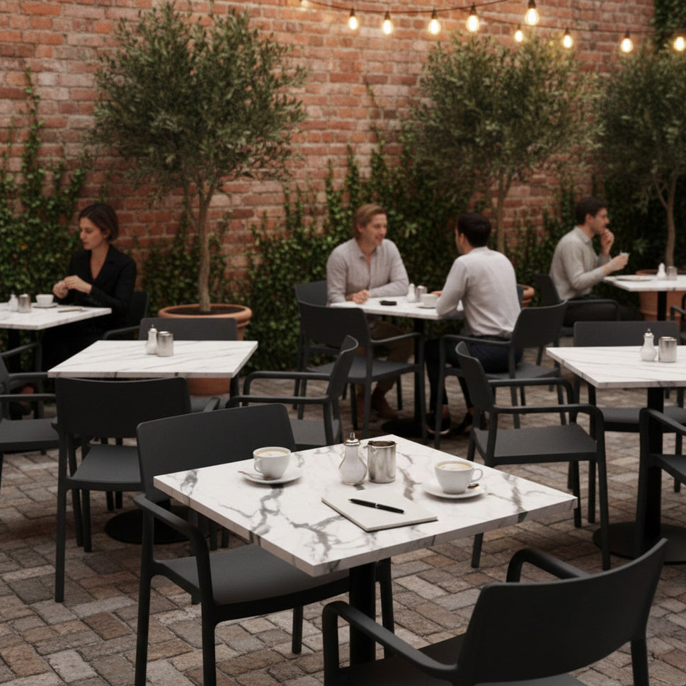 Commercial-Grade Indoor & Outdoor Table with Reinforced Stone-Composite Top: Square White Marble-Like