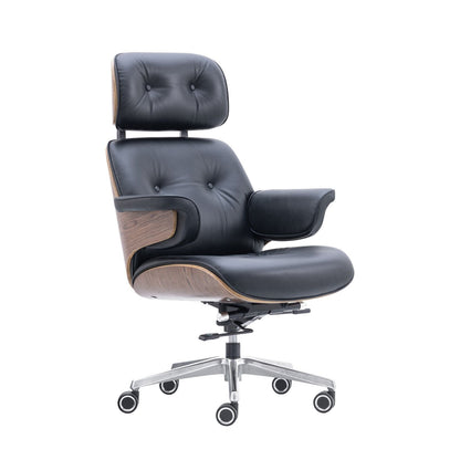 Modern Genuine Leather Upholstered Office Chair with Curved Wood Shell