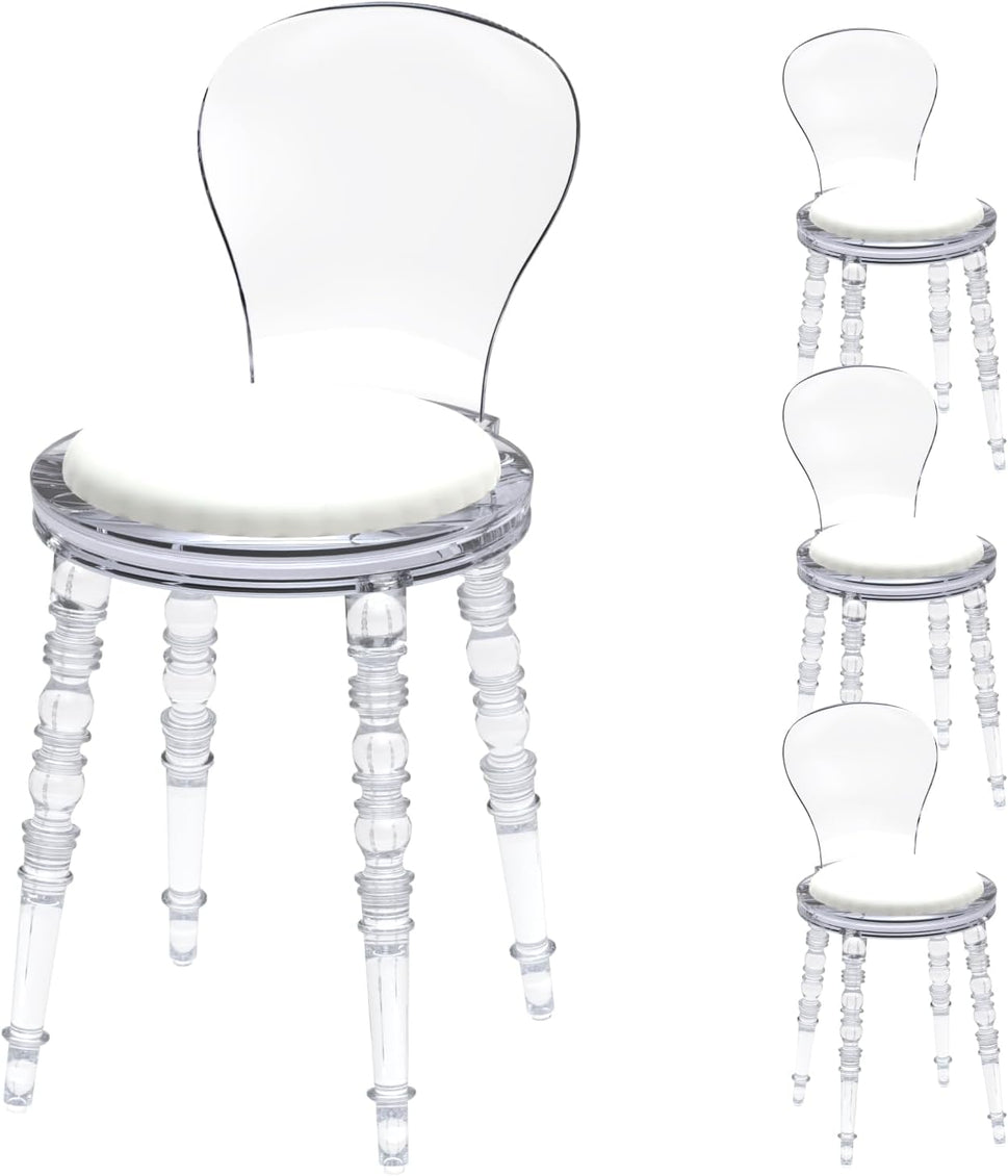 Set of 4 Modern Vintage White PC Dining Chairs, Home Ghost Chair, Kitchen Office Aesthetic Chair PP Chair with Black Cushions