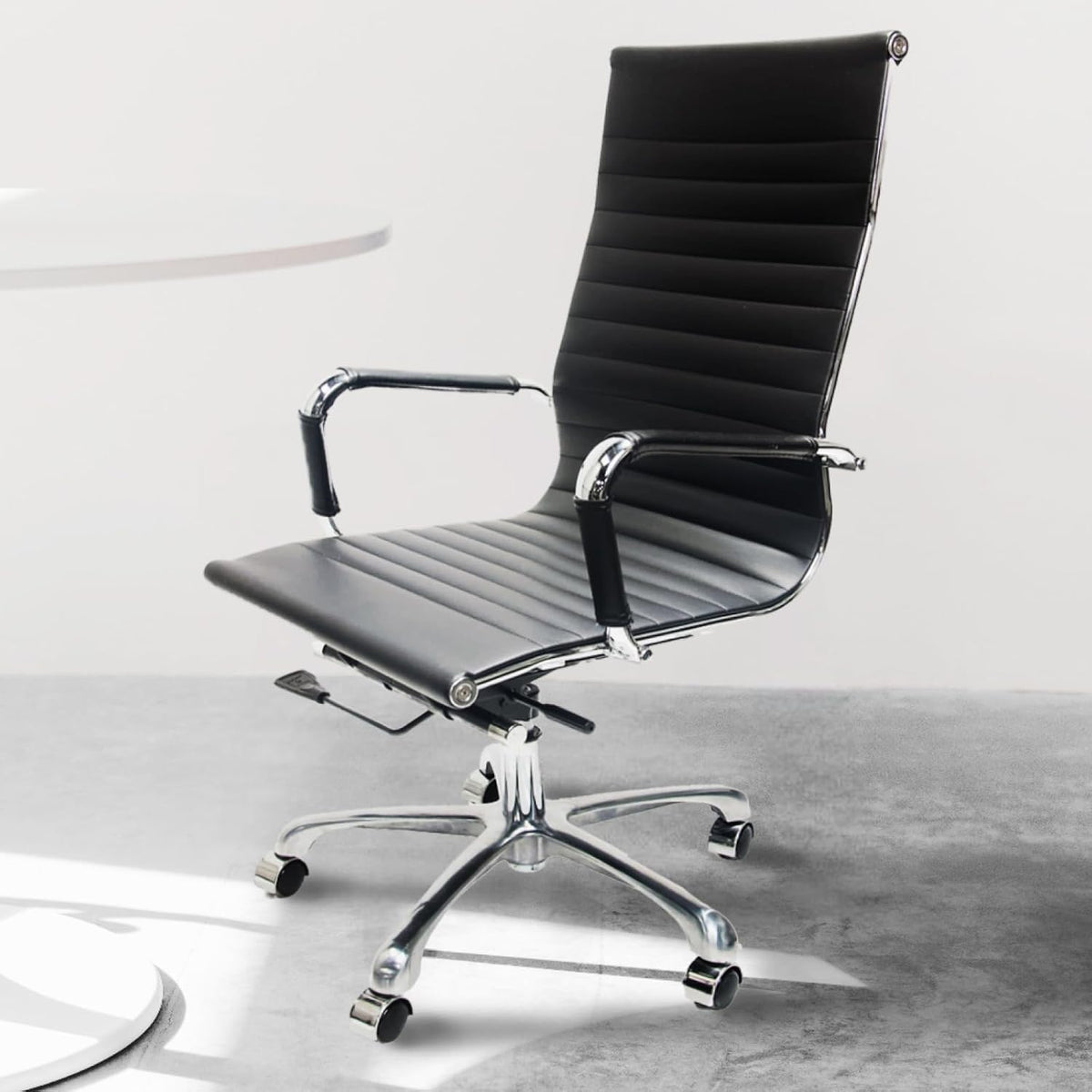 High Back PU Leather Executive Office Desk Chair Leather Height Adjustable Swivel Ribbed Ergonomic Conference Task Chair