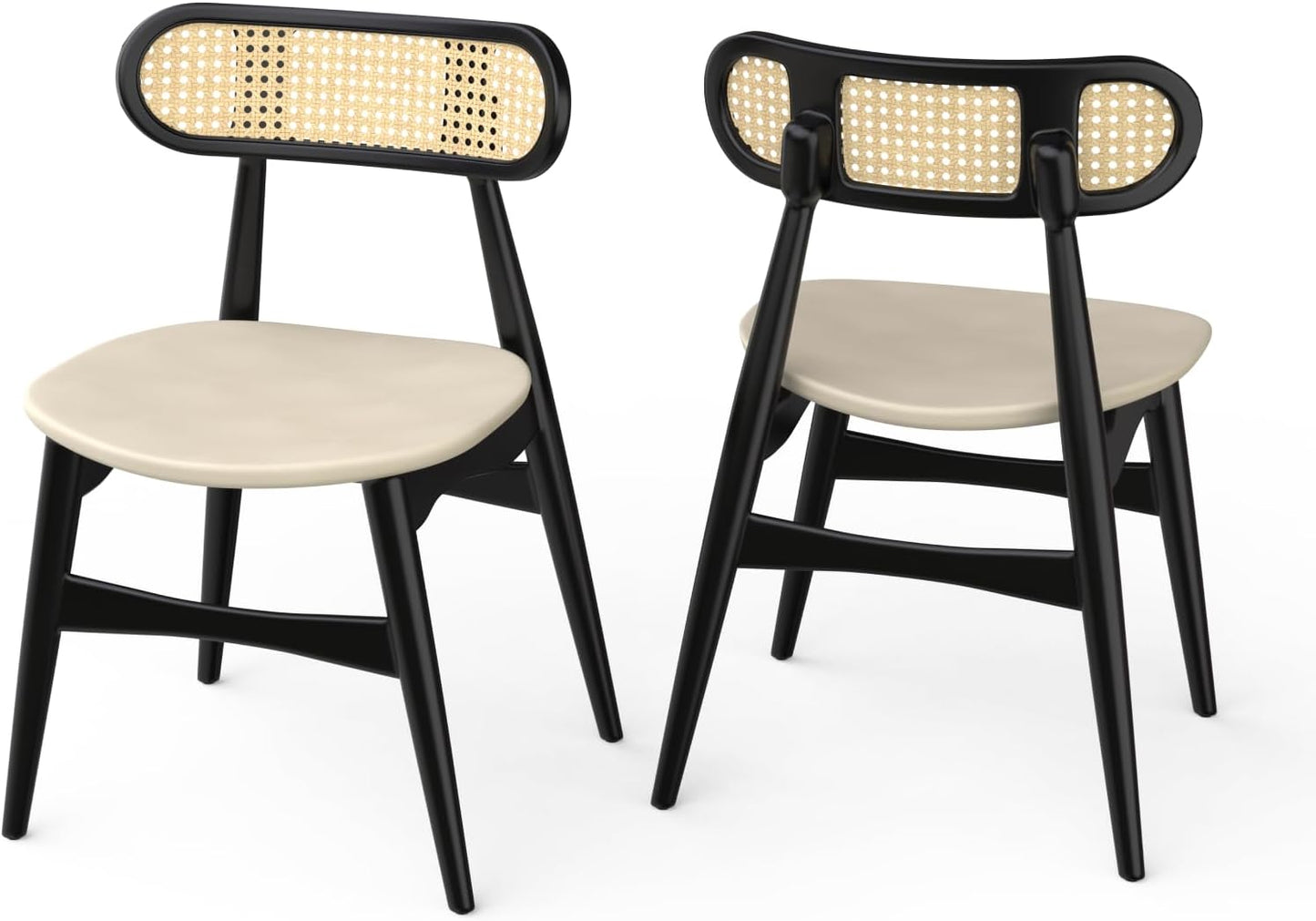 Set of 2 Black Wood Dining Chair with Rattan Backrest