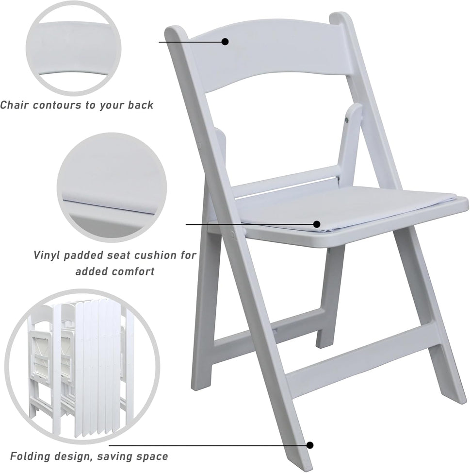 Set of 4 White Folding Chair with Vinyl Seat, Resin Stackable Dining Chairs for Weddings, Parties, Church, Kitchen, Events Banquet