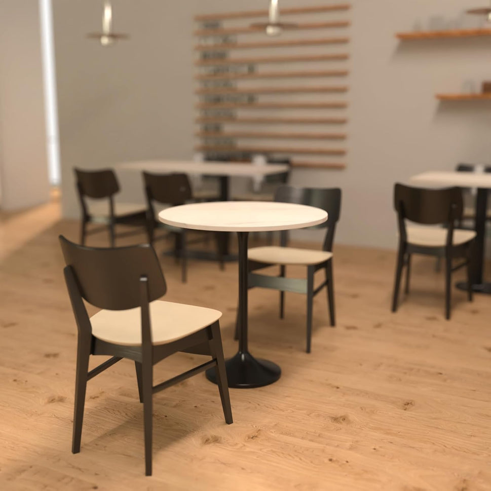 Set of 2 Black Rectangular-Back Wood Dining Chair with Cream PU Upholstery