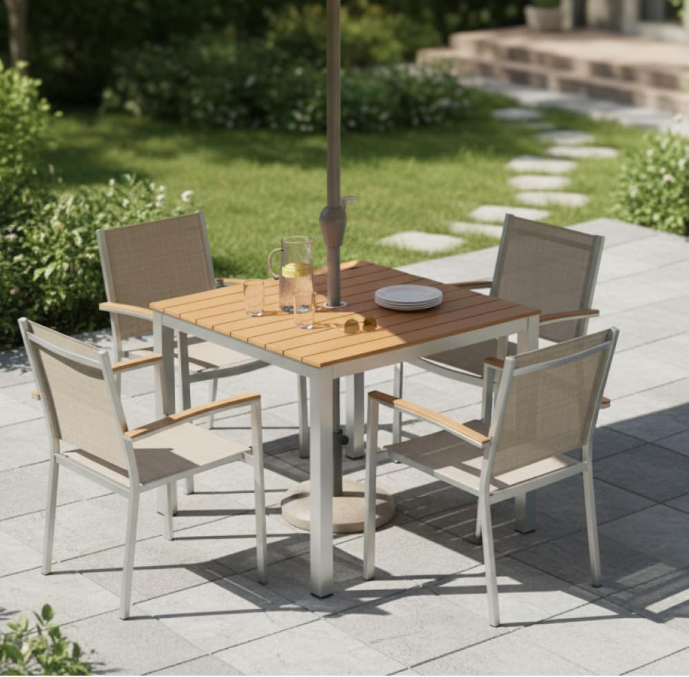 Square Outdoor Dining Table – Aluminum Frame with Teak-Look Plastic Wood Slats (35.4" x 35.4")